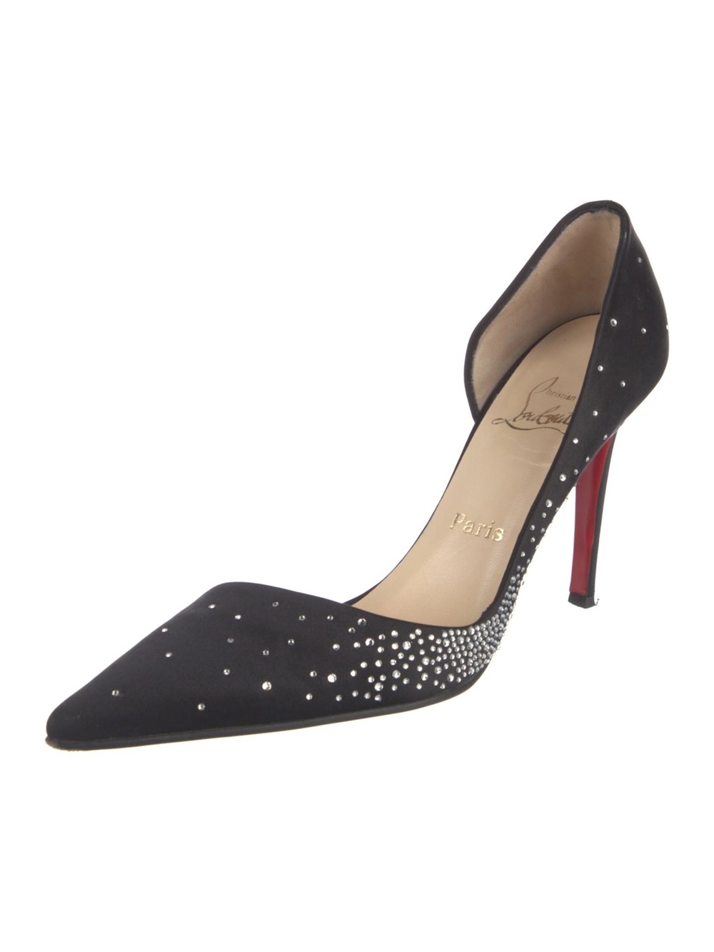 Christian Louboutin Satin Crystal Embellished Halmoon Strass Pumps Heels Black